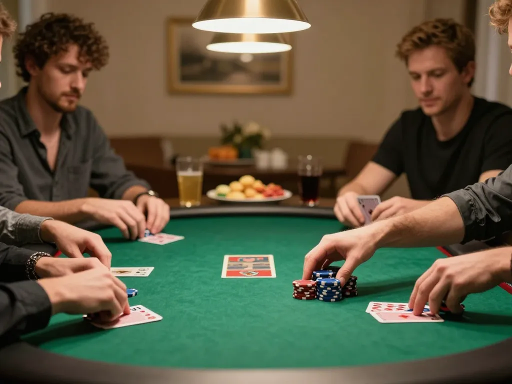 Spieler, die in ein spannendes Pokerspiel zu Hause vertieft sind, wobei Immobilienmakler Frankfurt Preungesheim als wichtige Gemeinschaftsressource hervorgehoben wird.