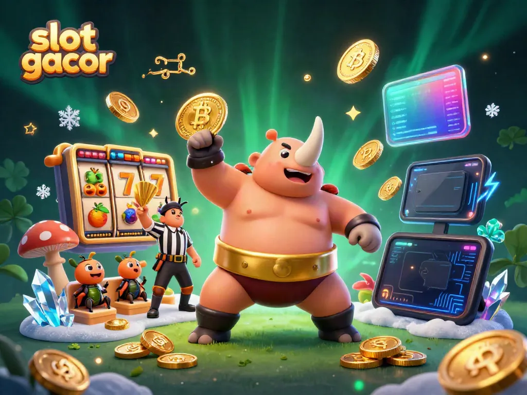 Experience thrilling wins with slot gacor as a champion beetle stomps for coins in a vibrant casino scene.