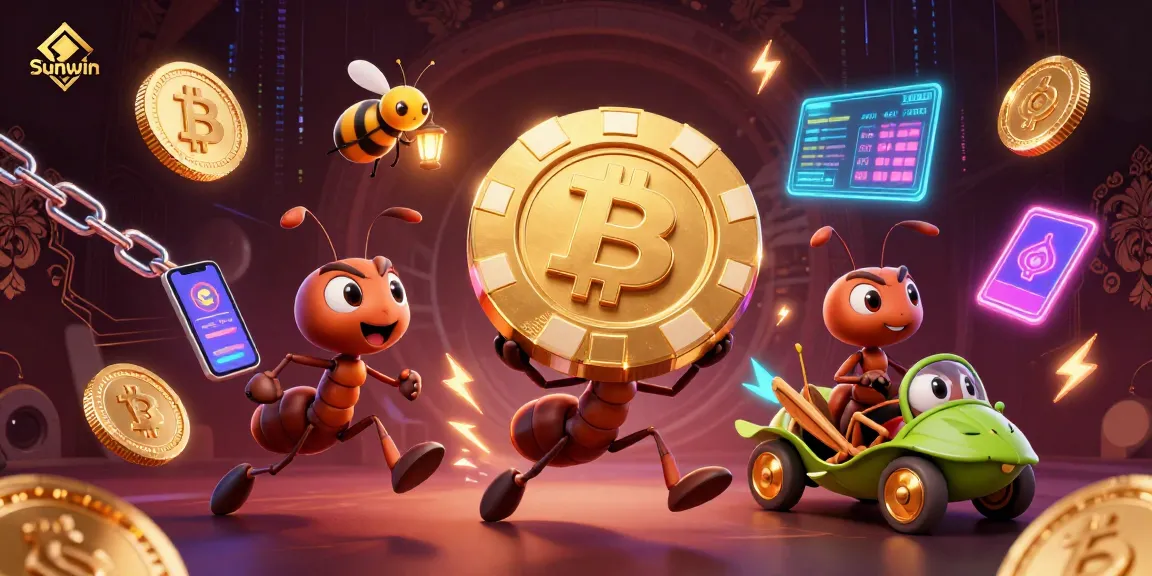 Experience thrilling heist fun with Sunwin as cartoon ants carry massive poker chips amidst glowing crypto coins.