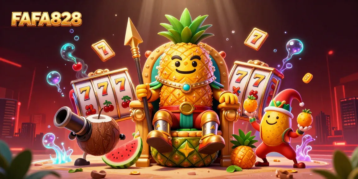 Engage in exciting slots with FAFA828 featuring a pineapple king, vibrant casino elements, and action.