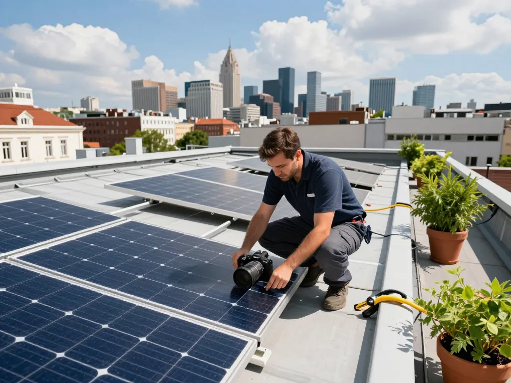 Techniker installiert Photovoltaik Wien Solarpanels auf einem städtischen Dach.