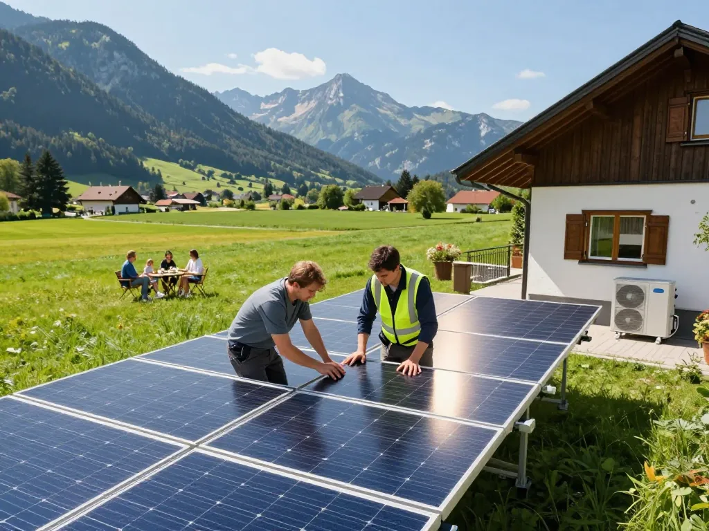 Photovoltaik Bayern Installation in einer malerischen bayerischen Landschaft mit Techniker, der Solarpanele inspiziert.