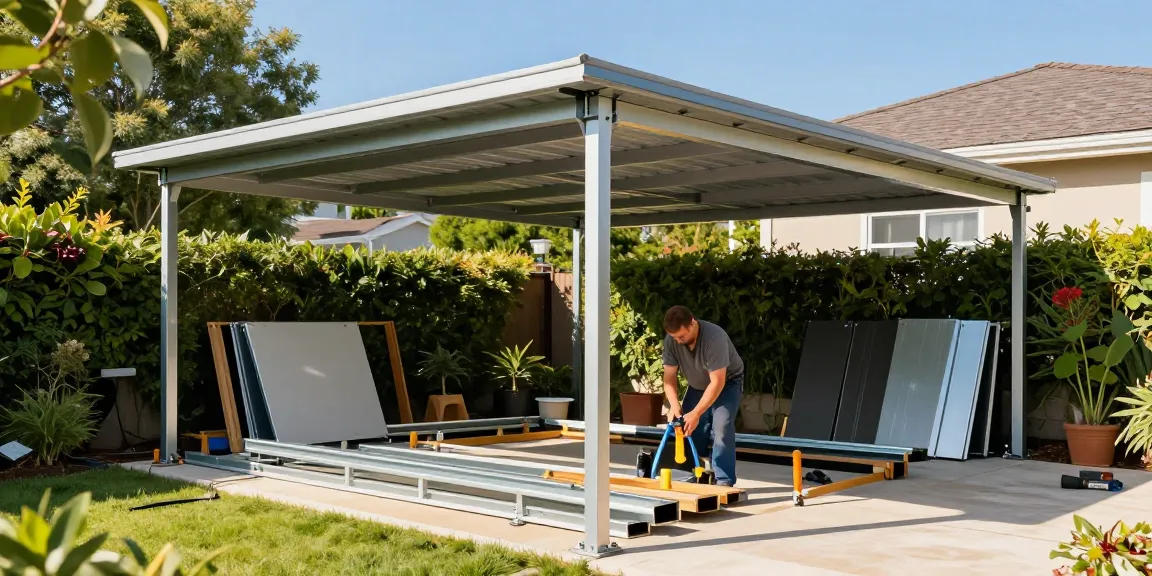 Carport-Installation im Garten mit verschiedenen Baumaterialien und Handwerkern.