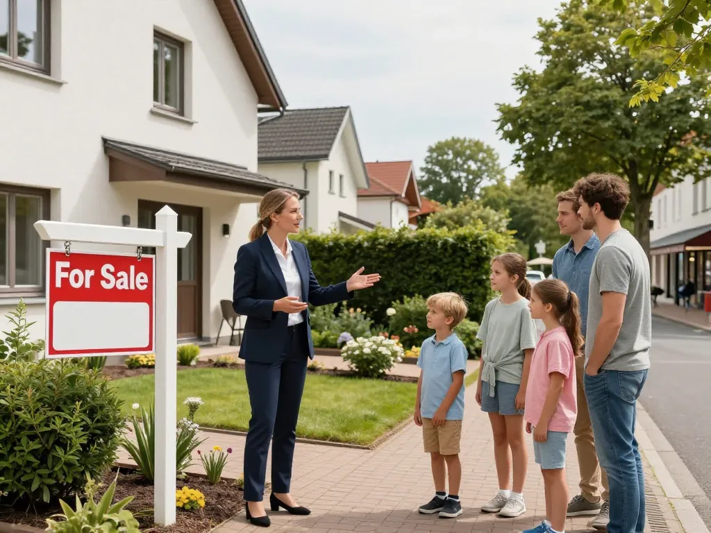Immobilienmakler Frankfurt Preungesheim zeigt einen Immobilienmakler, der mit Kunden in einer charmanten Immobilie in einer einladenden Atmosphäre interagiert.