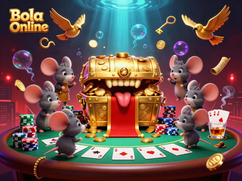 Bola Online showcases a lively casino scene with vibrant poker action and adventurous characters.