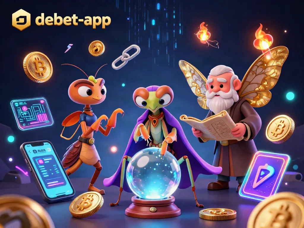 Engage with the magical world of debet-app featuring vibrant 3D characters and dynamic crypto elements for an immersive gambling experience.