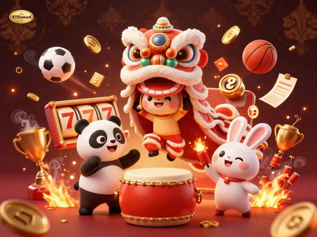 Engaging 3D scene depicting the lively energy of 975howard casino gaming with characters performing a lion dance among slot reels and sports elements.