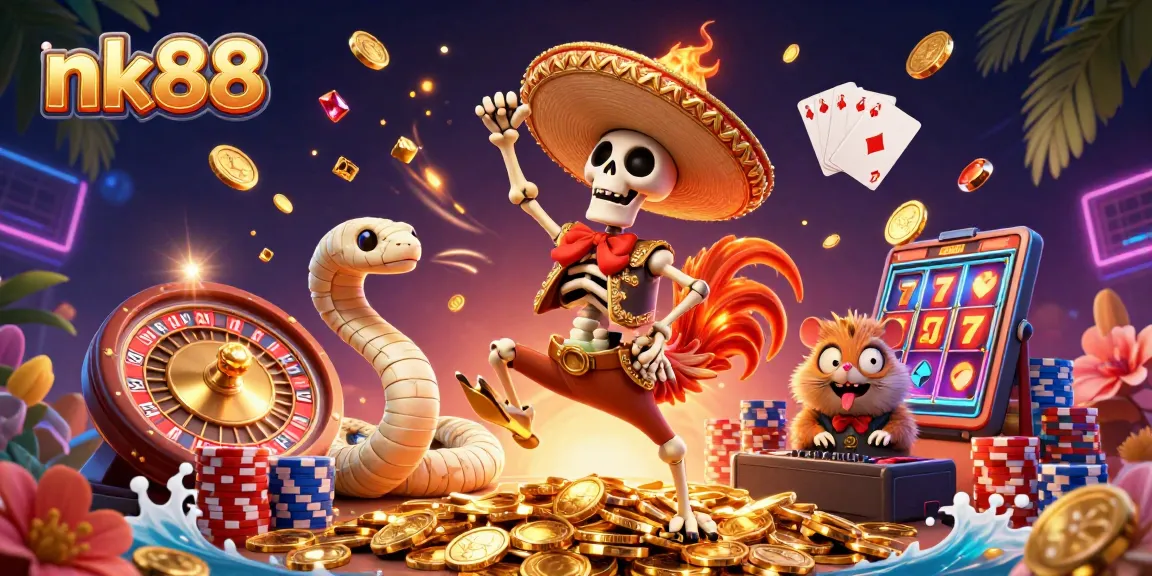Win big at nk88 with our vibrant 3D casino-themed illustration showcasing a lively victory scene.