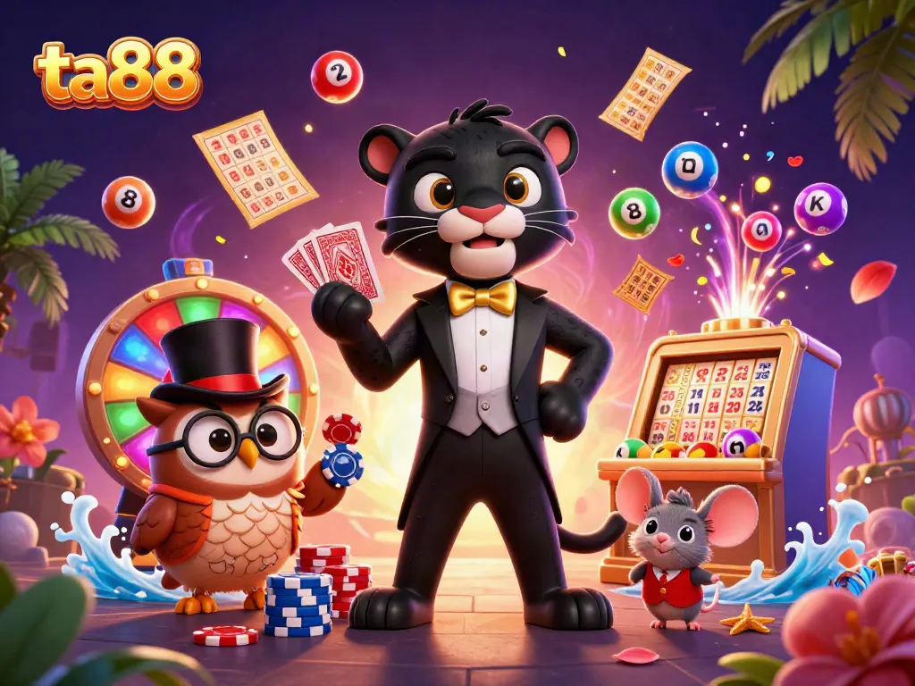 Experience excitement with ta88's vibrant casino scene featuring a stylish panther dealing cards.
