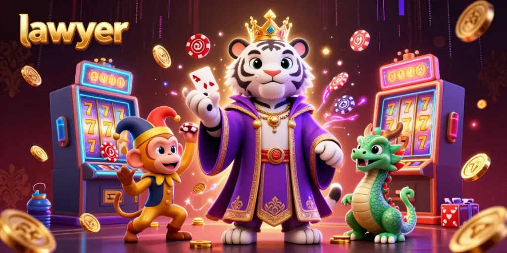 Experience the excitement of the casino with the lawyer image featuring a tiger, monkey, and dragon amidst slot machines.