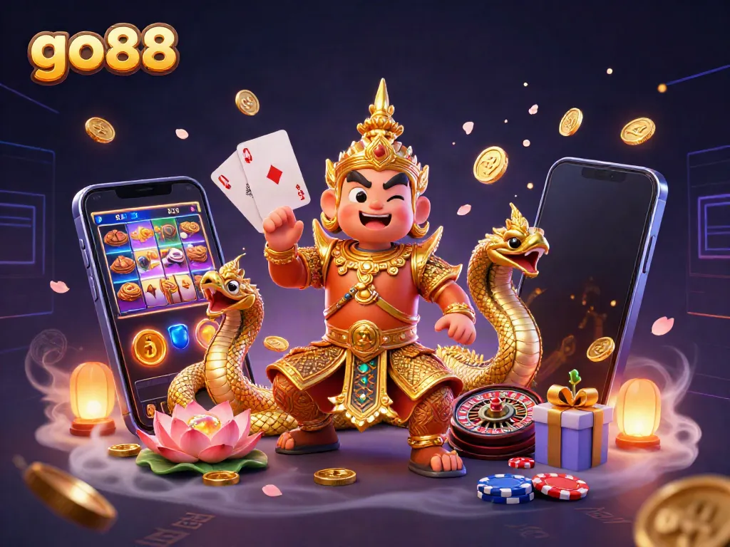 Experience the thrilling excitement of go88 with a vibrant 3D illustration of a Thai guardian, Naga serpents, and gambling elements.