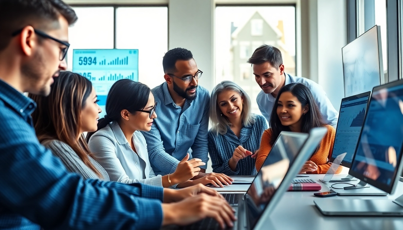 Analyse der Internet Trends durch ein Team in einem modernen Büro mit digitalen Daten.
