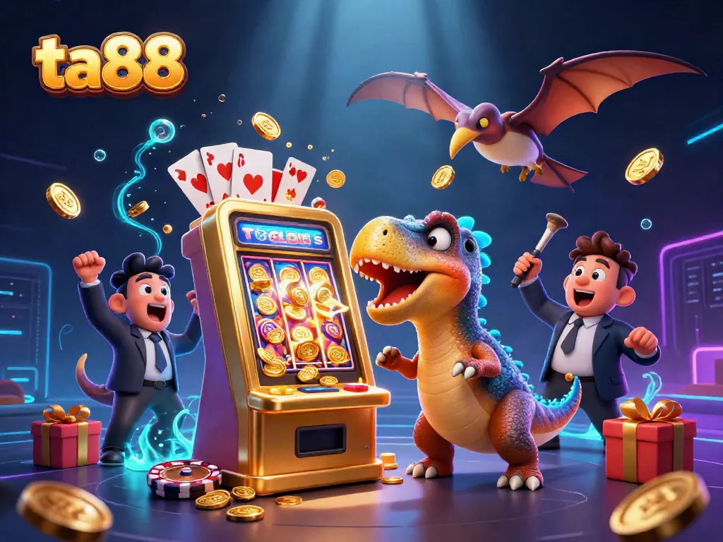 Experience thrilling fun at ta88 with a 3D cartoon dinosaur gaming scene featuring slots and vibrant casino elements.