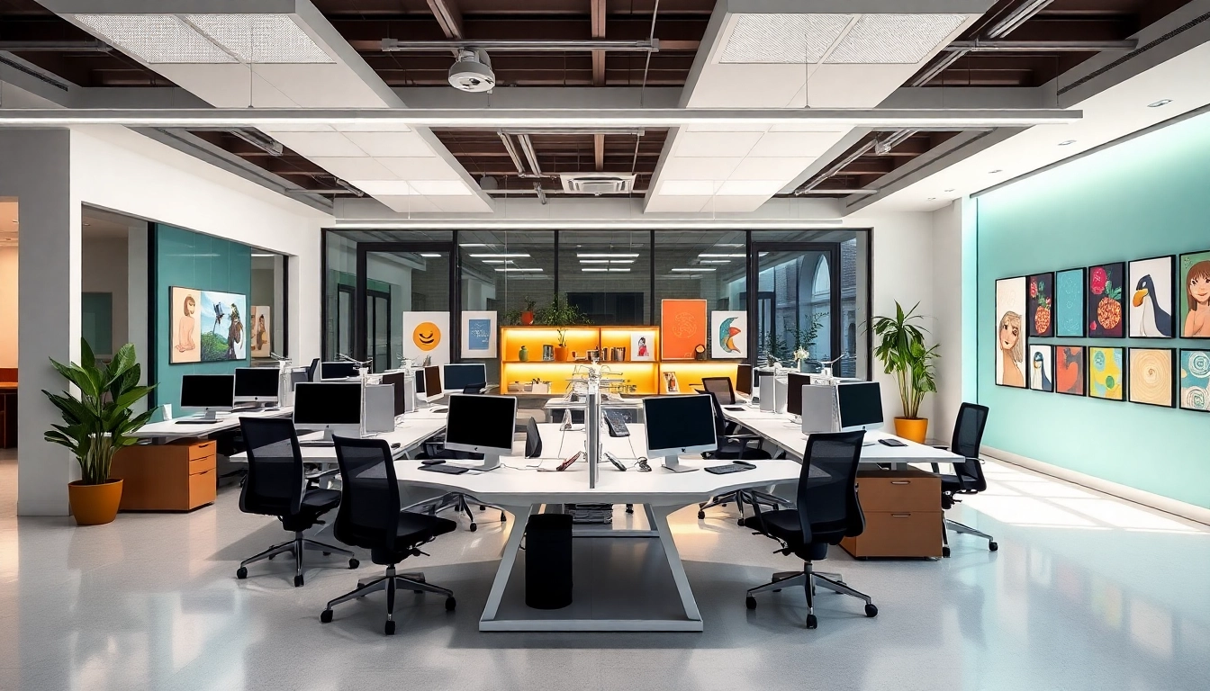 Create a captivating workspace for an Animation Agency with modern designs and vibrant art elements.