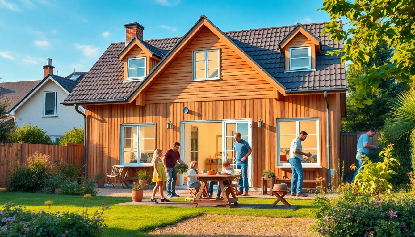 Ein modernes renoviertes Haus mit einer glücklichen Familie im Garten, das das Thema Hausrenovierung verkörpert.