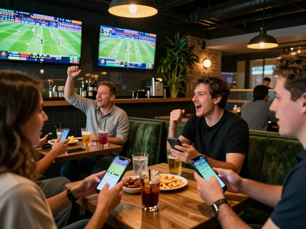 Tỷ lệ kèo nhà cái hôm nay displayed on screens while patrons engage in live sports betting activities