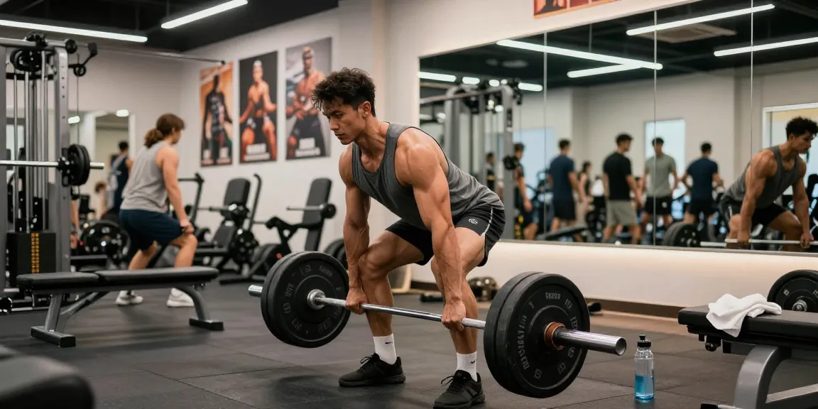 Dynamische Bodybuilding-Szene in einem Anabolika Shop Deutschland, mit einem hart arbeitenden Athleten, der einen Kreuzheben unter Trainingsgeräten ausführt, was Stärke und Fitnessengagement zeigt.