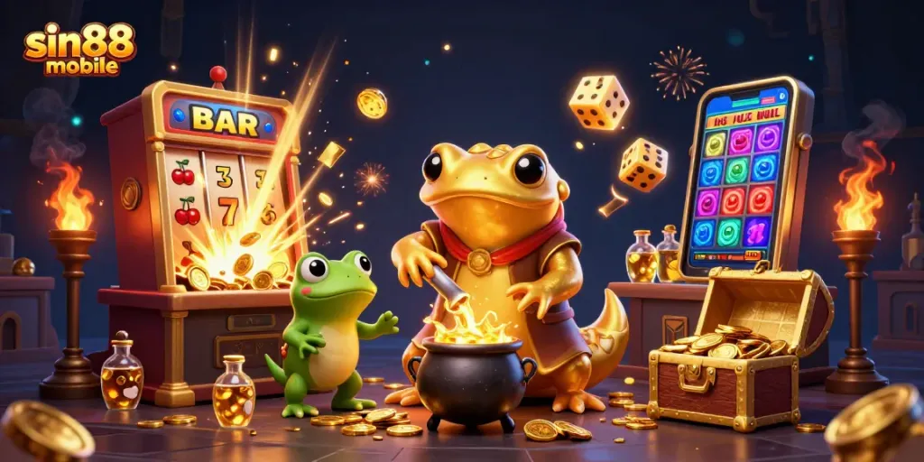 Experience thrilling action at sin88-mobile with a golden alchemist transmuting coins in a vibrant casino.