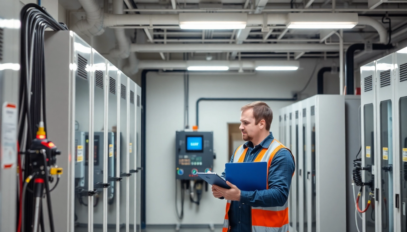 Technician performing a DGUV V3 Prüfung on electrical equipment in a professional environment.