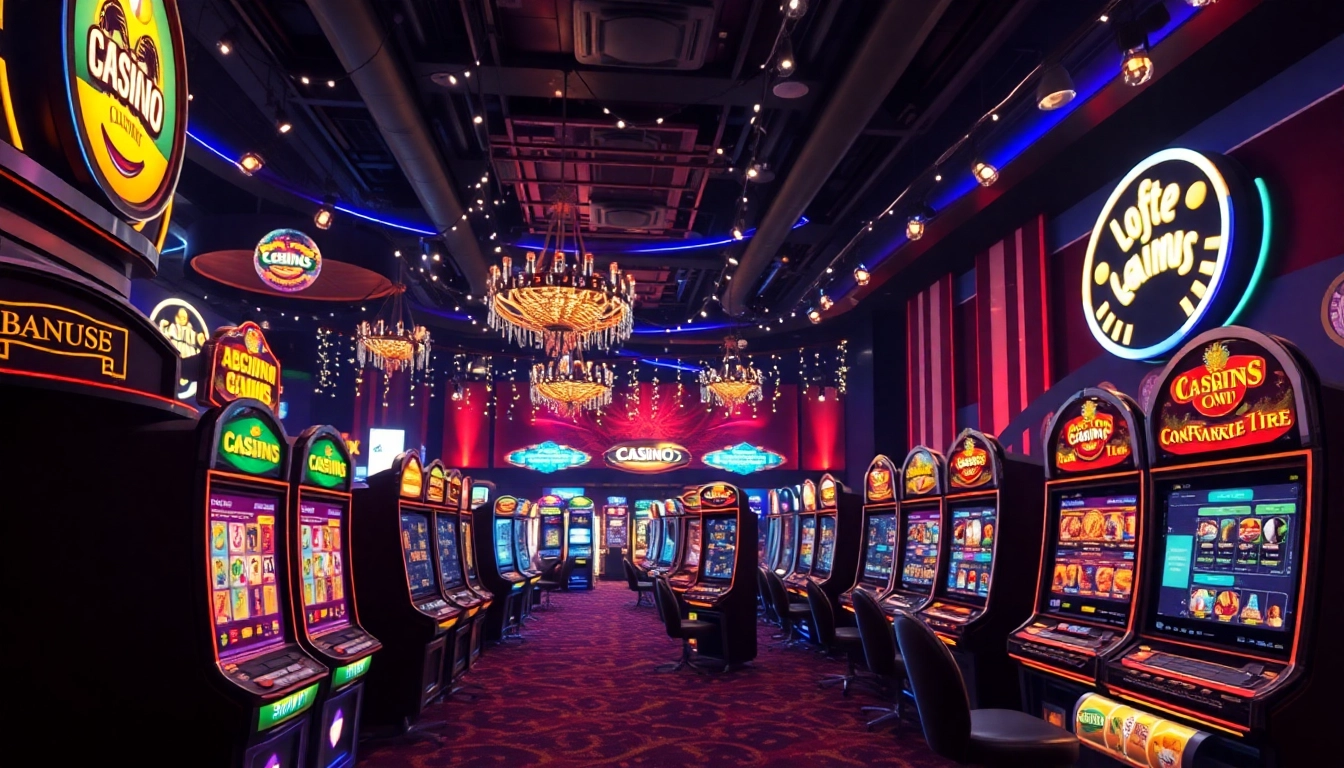 Erhalte einen Casino Bonus und entdecke die aufregende Welt der Spielautomaten mit bunten Lichtern und festlicher Atmosphäre.