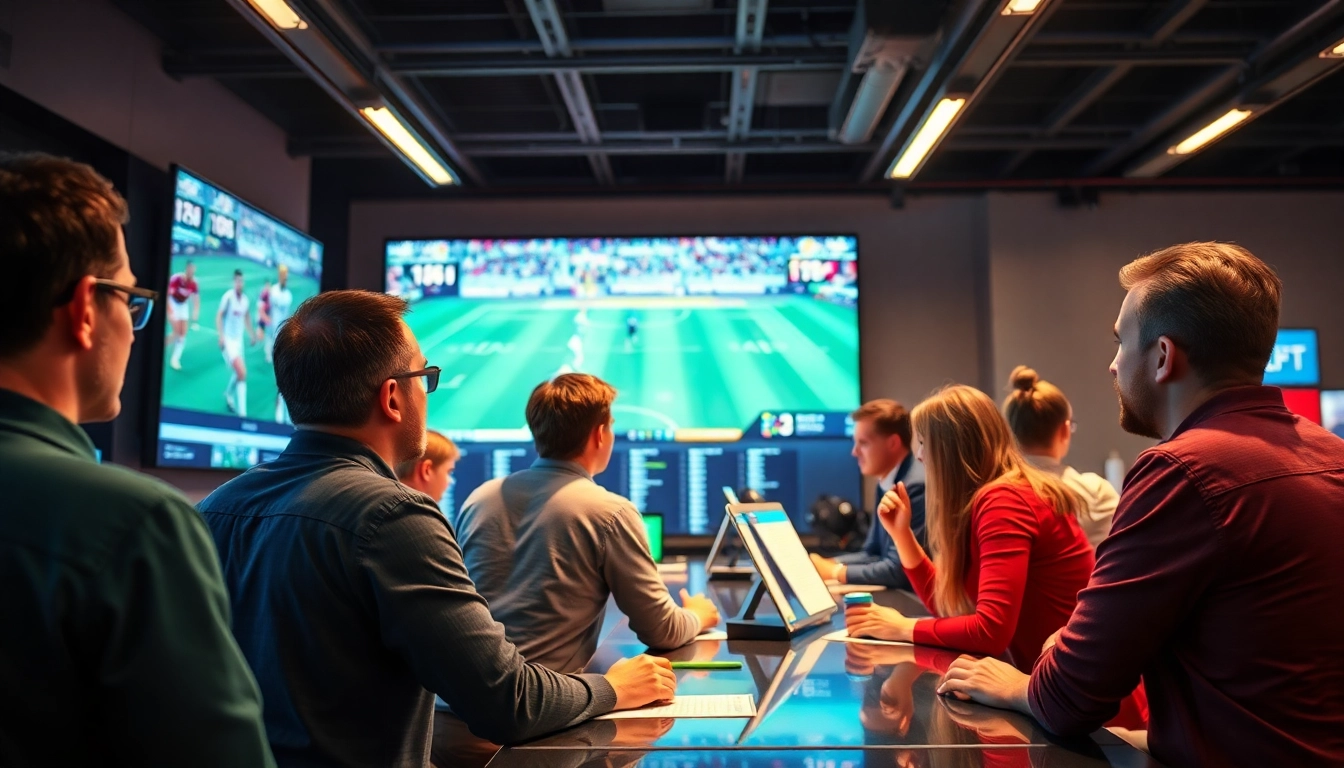 Begeisterte Menschen verfolgen live legal online sportwetten in einem modernen Sportwetten-Büro.