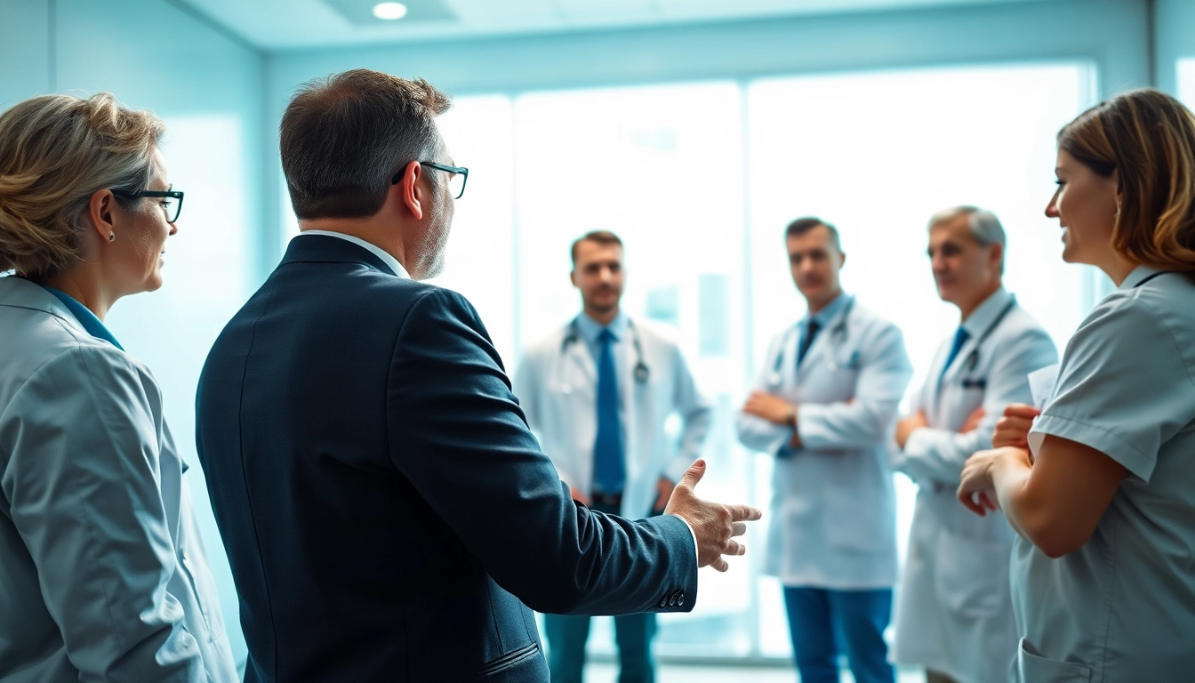 Headhunter Gesundheitswesen im Austausch mit Klinikleitern in Besprechungsraum.