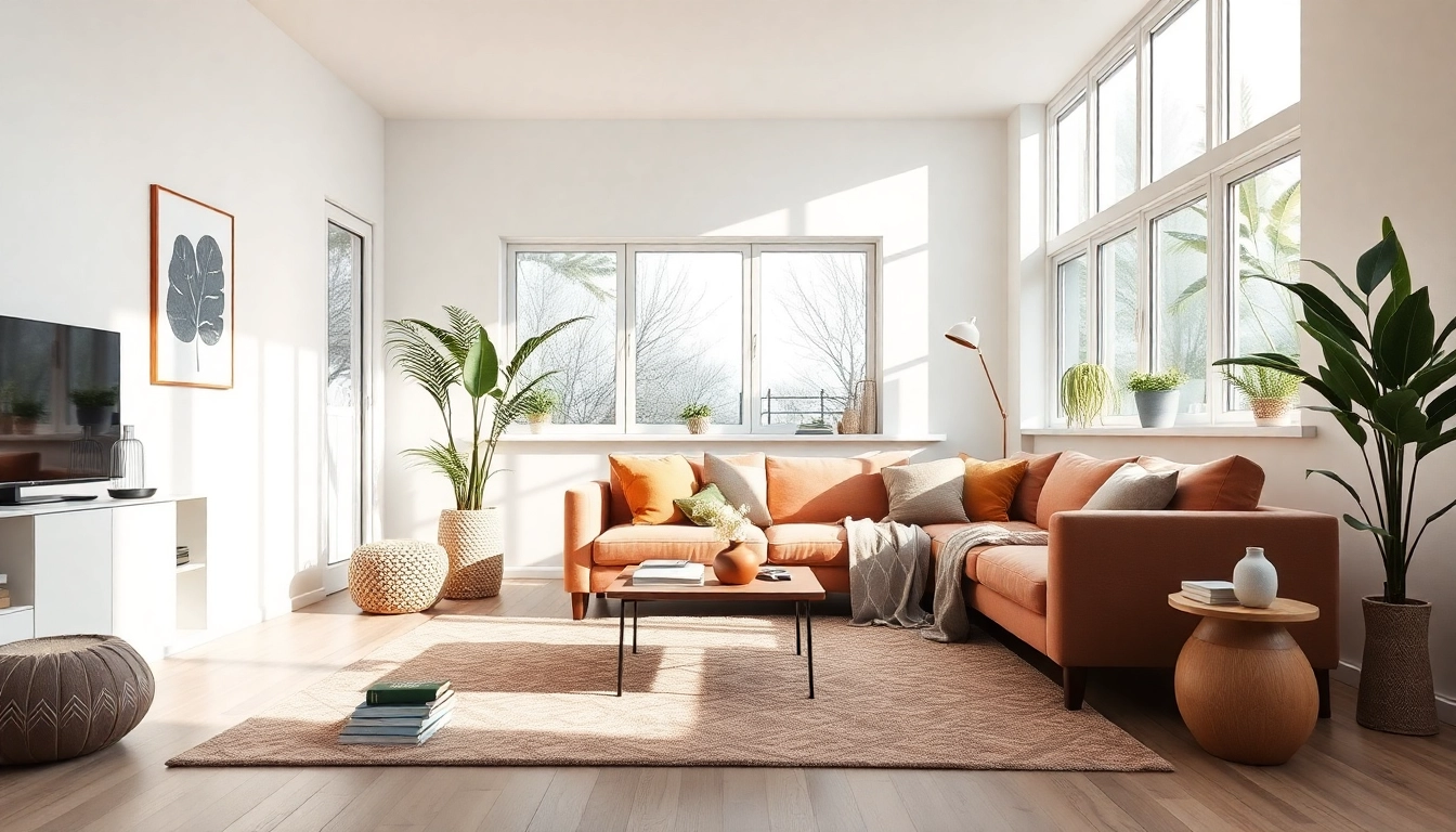 Gestalte einen einladenden Wohnraum, der moderne Raumgestaltung mit sanften Erdtönen und viel Licht kombiniert.