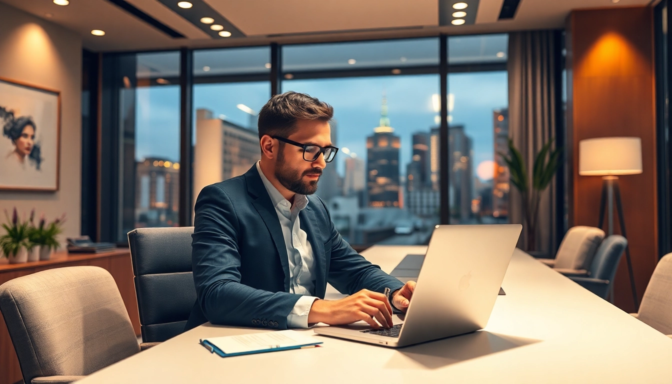 Headhunter Frankfurt bei der Arbeit in einem modernen Büro mit Stadtblick.