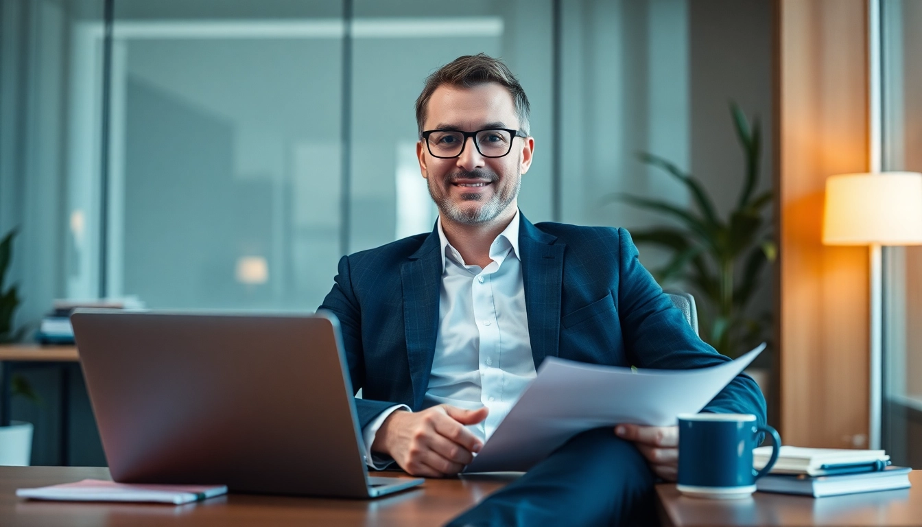 Erfahrener Headhunter Führungskräfte berät in modernem Büro mit Unterlagen.