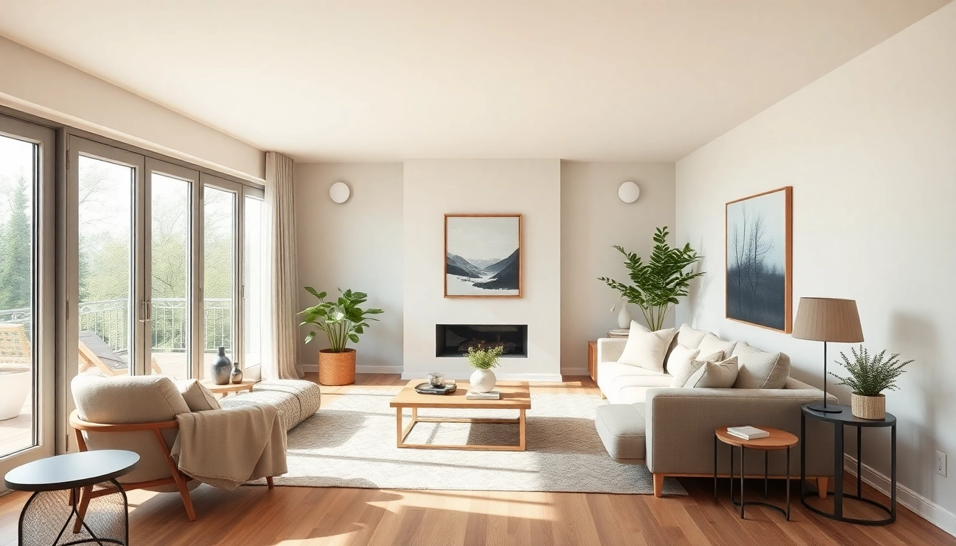 Moderne Raumgestaltung mit lichtdurchflutetem Wohnzimmer und minimalistischen Möbeln.
