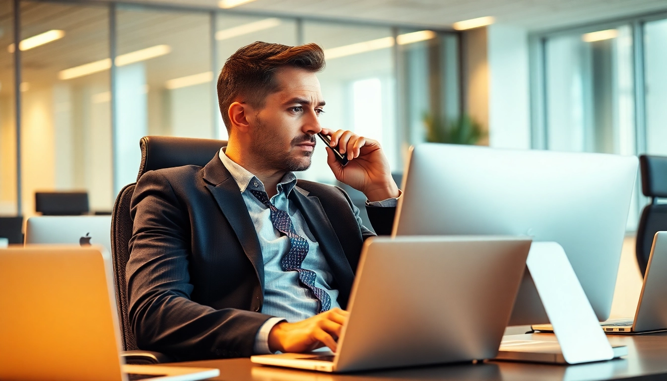 Headhunter am Telefon in einem modernen Büro, zeigt Professionalität und Engagement.