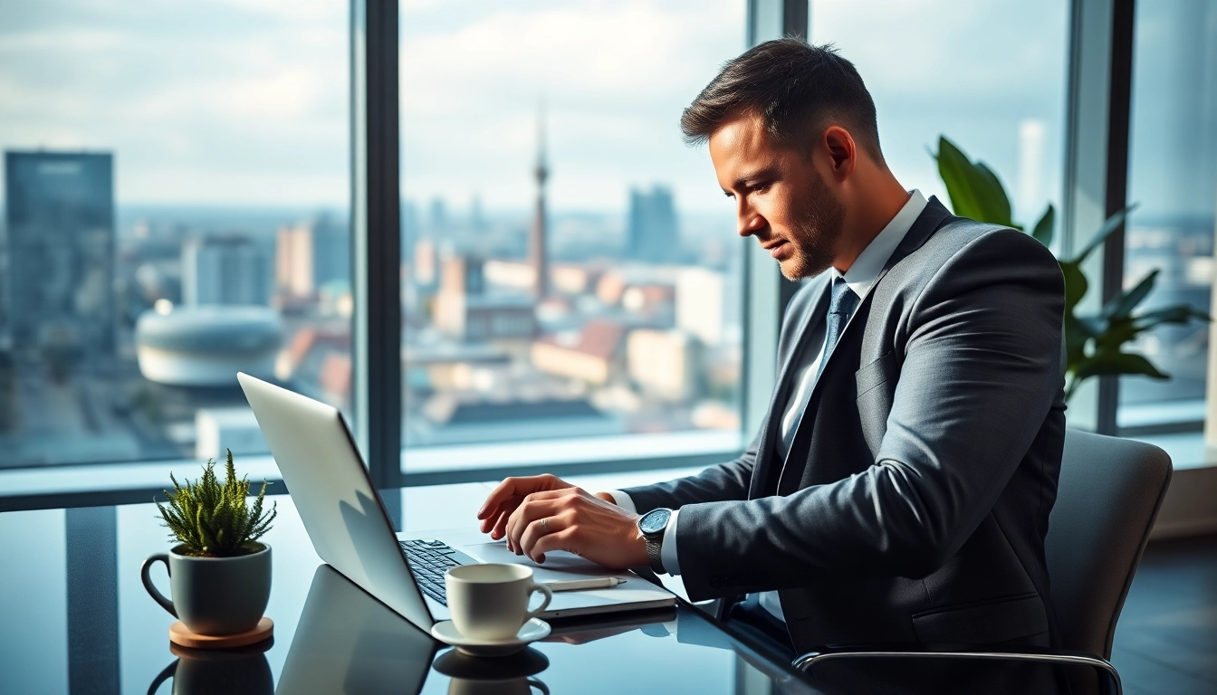 Professioneller Headhunter Kassel inspiziert Kandidatenprofile in modernem Büro mit Stadtblick.