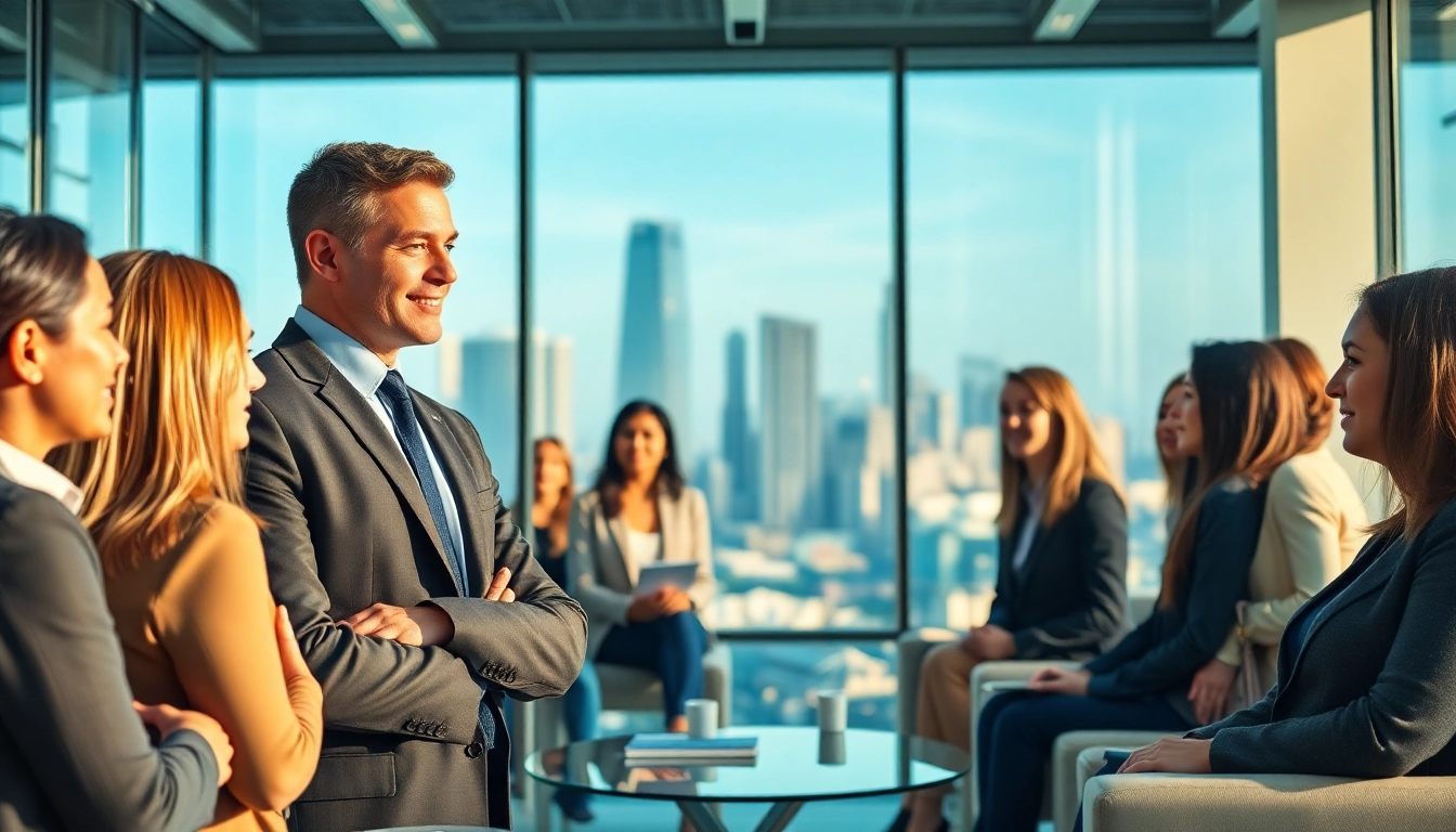 Headhunter professionally engaging with diverse job candidates in a modern office.