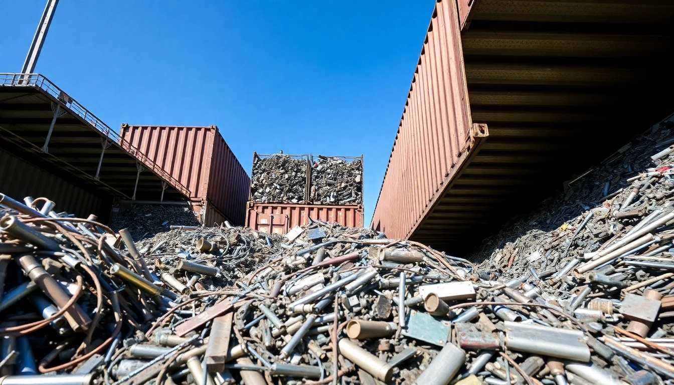 Schrotthandel Düsseldorf mit Container voller Metallabfälle und aktiven Mitarbeitern.