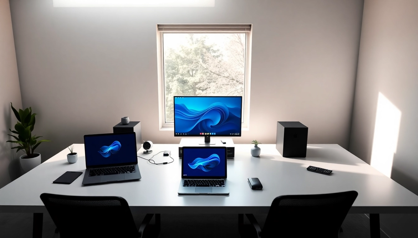 Microsoft Windows 11 auf einem modernen Arbeitsplatz mit minimalistischem Design und ergonomischem Zubehör.