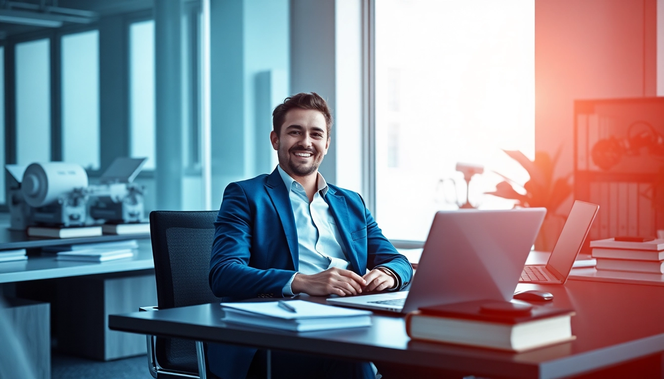 Headhunter IT bei der Arbeit in einem modernen Büro, umgeben von Technologie.