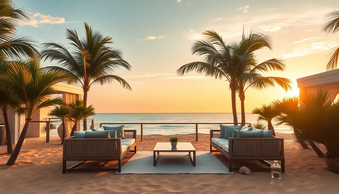 Entspannen Sie in der gemütlichen und stilvollen Umgebung des Küsten-Cabanas mit Meerblick und Palmen.