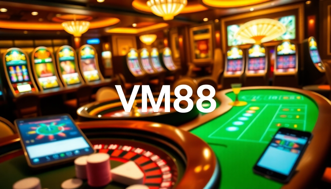 Engaging VM88 casino experience with elegant tables, chips, and vibrant slot machines.