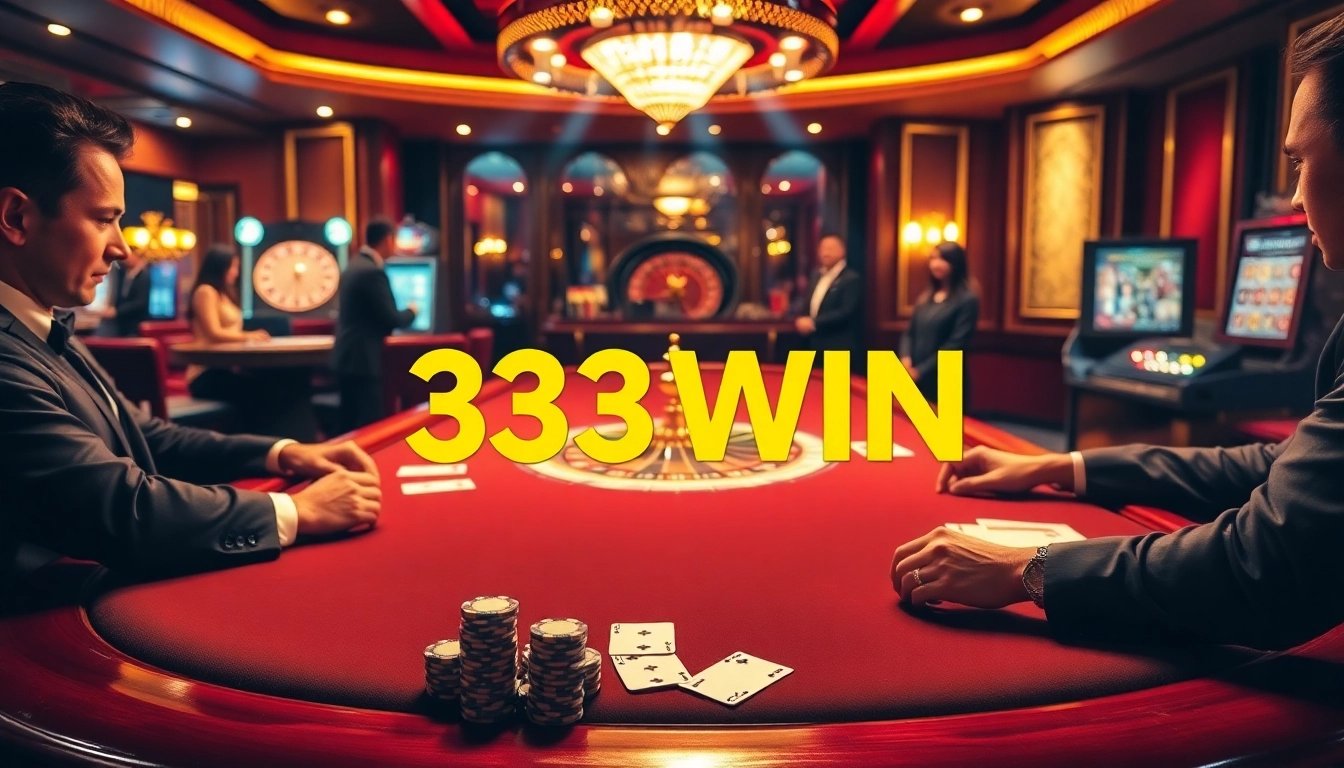Exciting 33WIN casino scene showcasing high-stakes poker, vibrant chips, and a spinning roulette wheel.