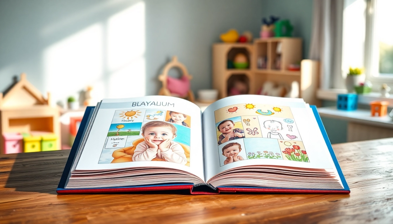 Gestalte ein einladendes Babyalbum mit Fotos von besonderen Momenten und Handabdrücken auf einem Holztisch, in warmem Licht.