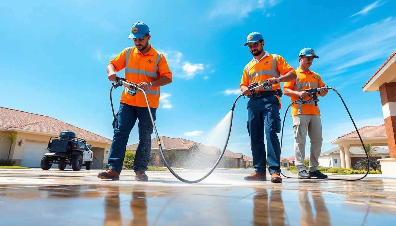 Concrete cleaning by professionals in Kissimmee, showcasing effective pressure washing results.