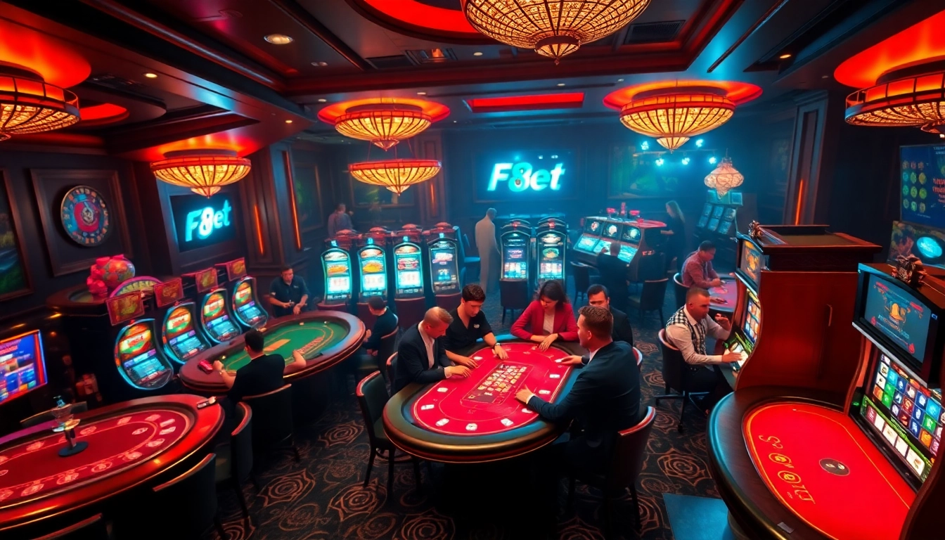 Experience the excitement of F8Bet's vibrant casino atmosphere with players engaging at luxurious gambling tables.