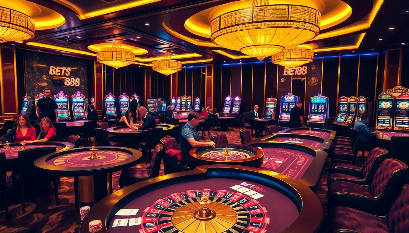 BET88 players enjoying an exciting casino experience at luxurious gaming tables.