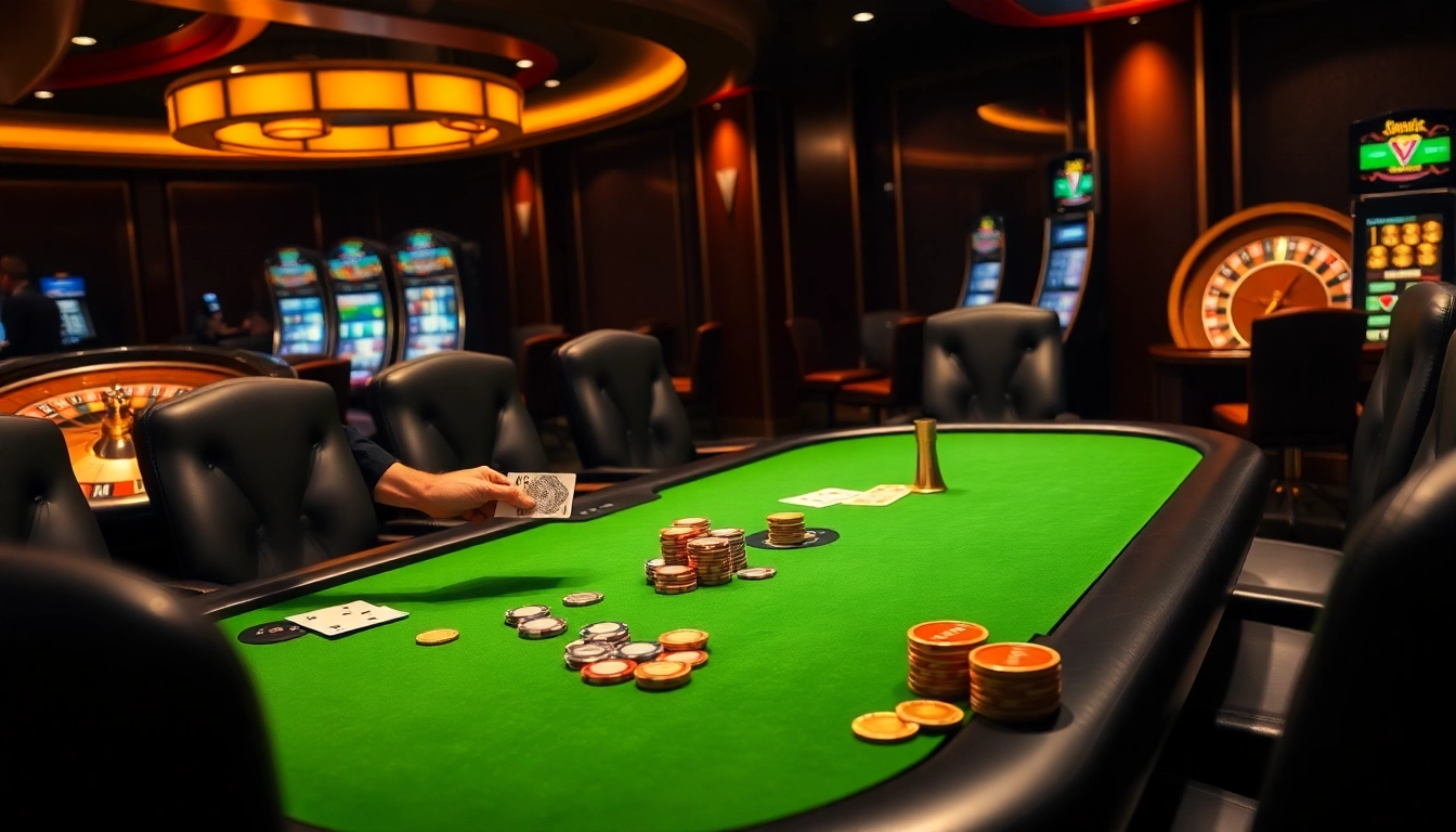 Experience intense gambling action with 52WIN poker chips and a dealer serving cards at an upscale casino.