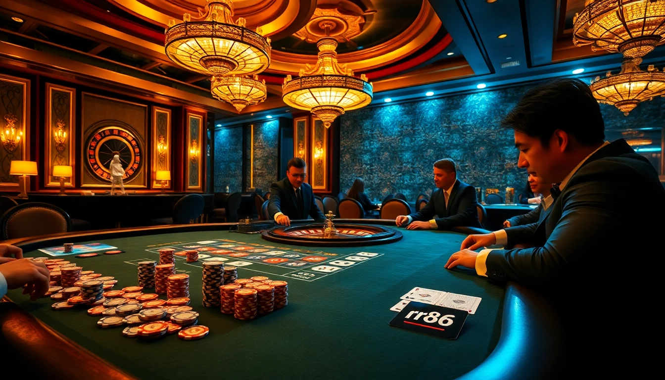 rr88 poker table scene with elegant dealer, high-stakes chips, and luxurious casino ambiance.