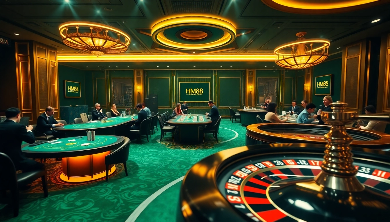 HM88 players enjoying high-stakes poker and baccarat games in a luxurious casino setting.