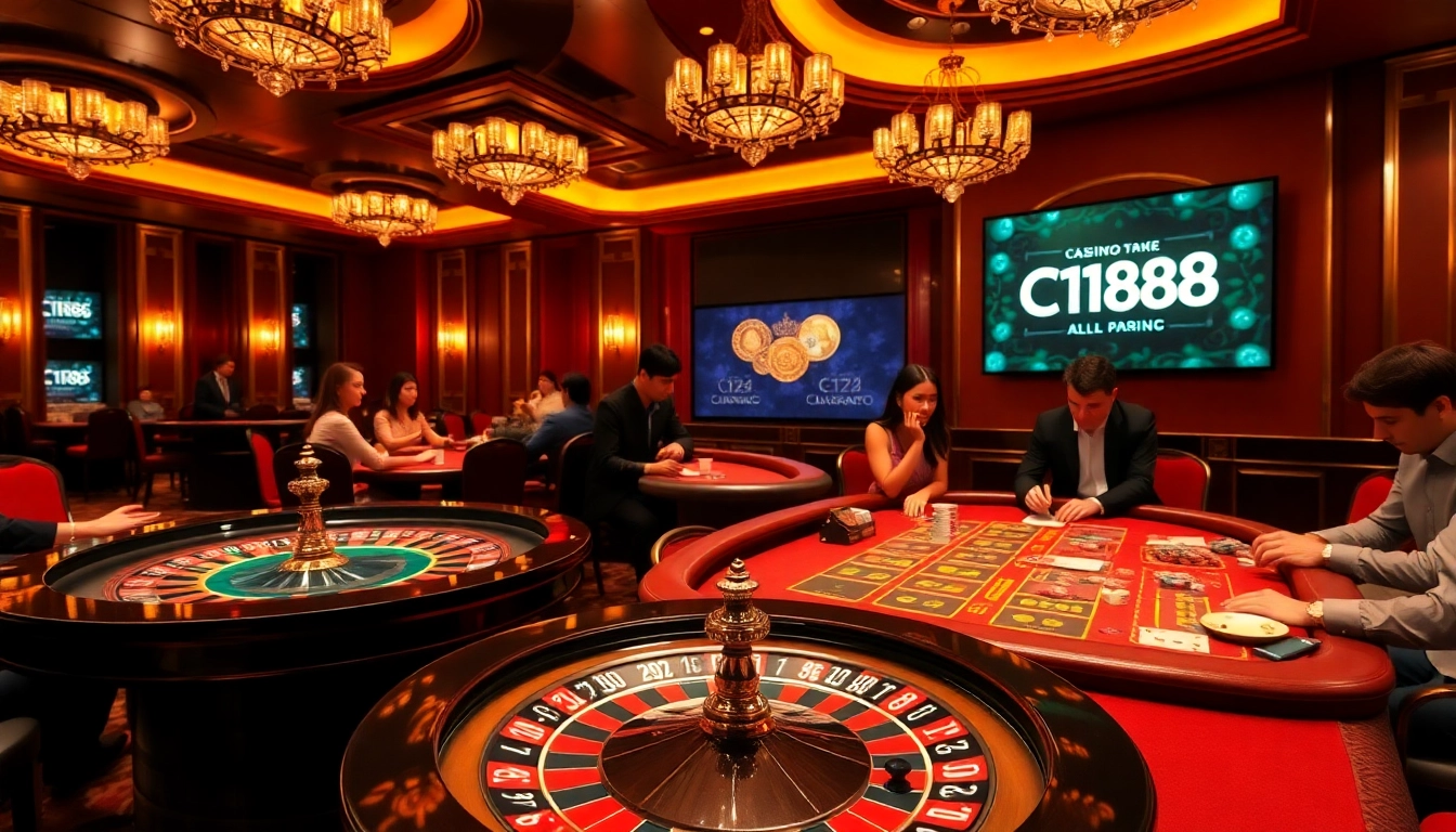 C168 logo illuminated at a high-stakes poker table in a luxurious casino setting.