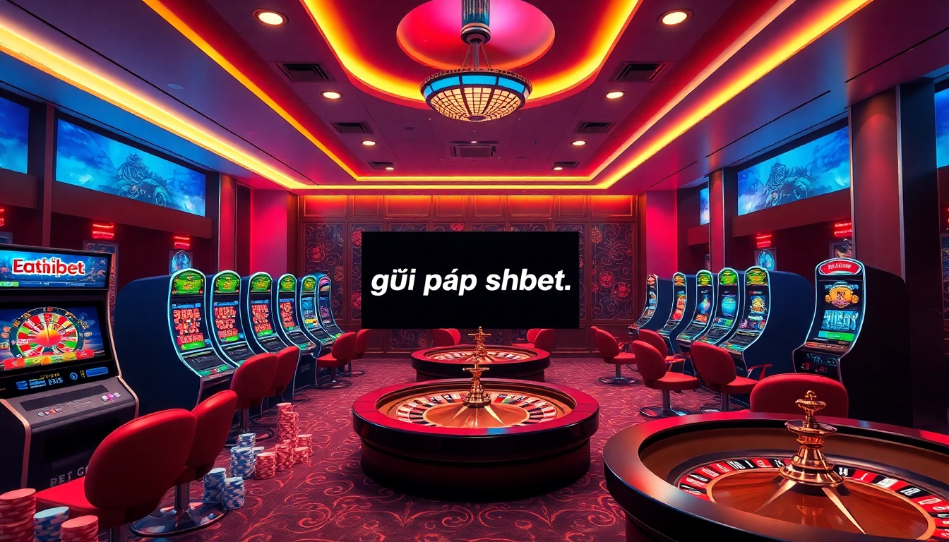 Engaging gambling scene showing giải pháp shbet with vibrant casino elements like roulette wheels and poker chips.