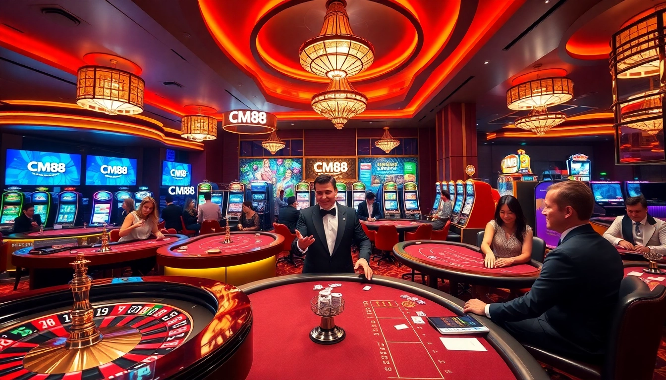 Experience thrilling gambling action at CM88 with poker tables, roulette, and vibrant slot machines.