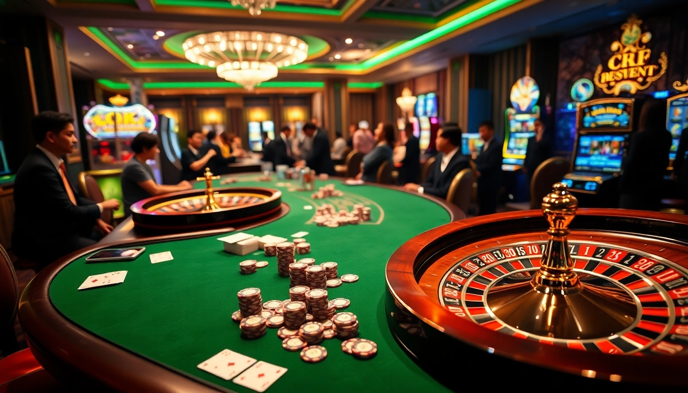 An exciting scene at 88i nhà cái featuring poker, roulette, and engaging gamblers in a luxury casino atmosphere.